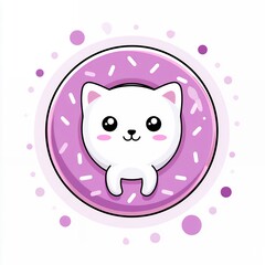 Adorable White Kitten in Pink Donut Illustration