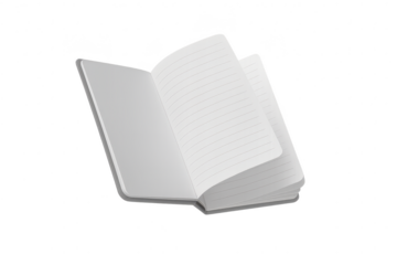 Open blank notebook with lined pages isolated on transparent background