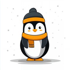 Cute Cartoon Penguin Wearing Winter Hat and Scarf