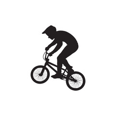 Obraz premium Man with helmet riding BMX and performing a jump. Black solid silhouette vector, isolated on white background. Perfect for BMX racing graphics, extreme sports posters, bike game designs, urban street 