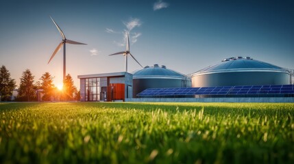 Innovative Renewable Energy Facility with Wind Turbines and Solar Panels