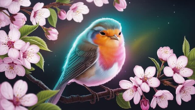 Glowing Robin Bird Cherry Blossoms Magical Spring Nature Art