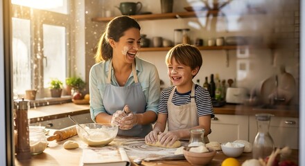 A happy mother and her young son laughing together while baking with flour and dough in a sunlit kitchen.