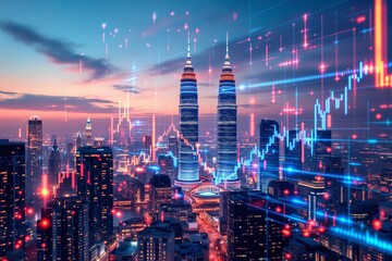 Futuristic city skyline at dusk with glowing stock market graphs symbolizing global business and finance concept in digital economy. Ai generative