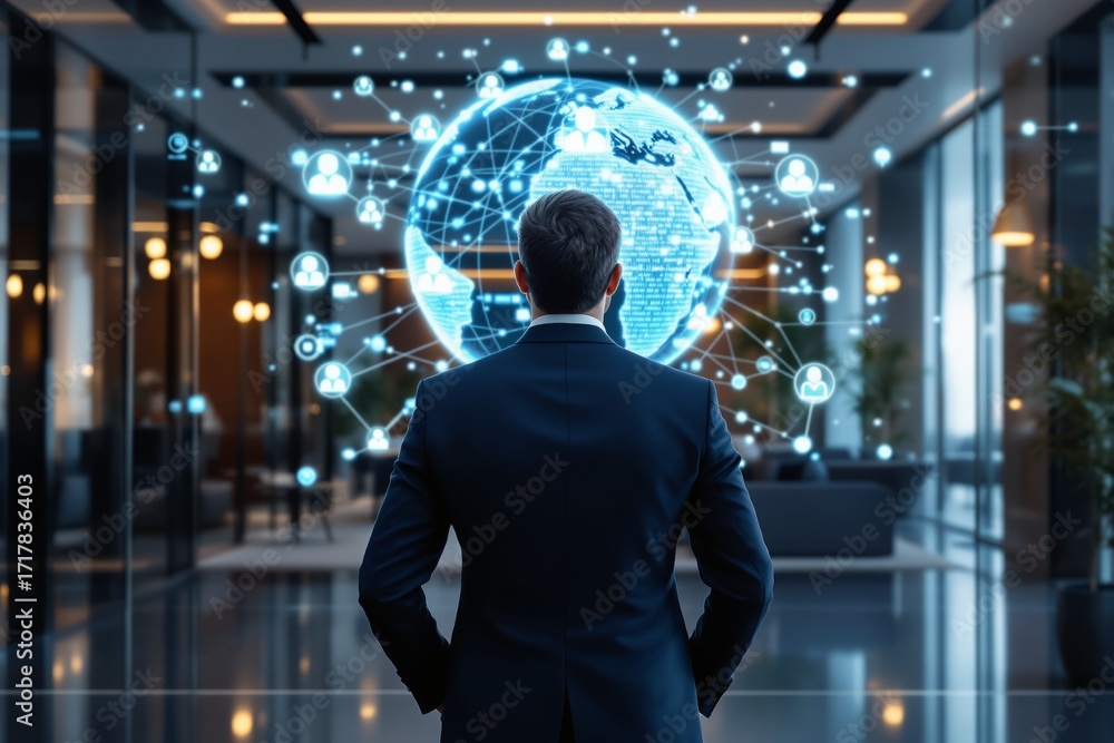 Poster businessman observing digital global network interface in modern office environment, symbolizing glo