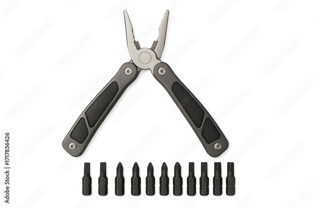 Aufkleber multi-tool pliers and driver bits isolated on transparent background.