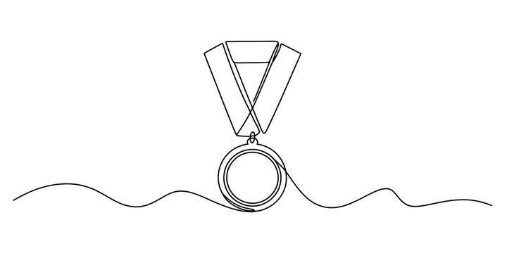Single continuous line drawing of a gold medal with a ribbon and wavy edge vector