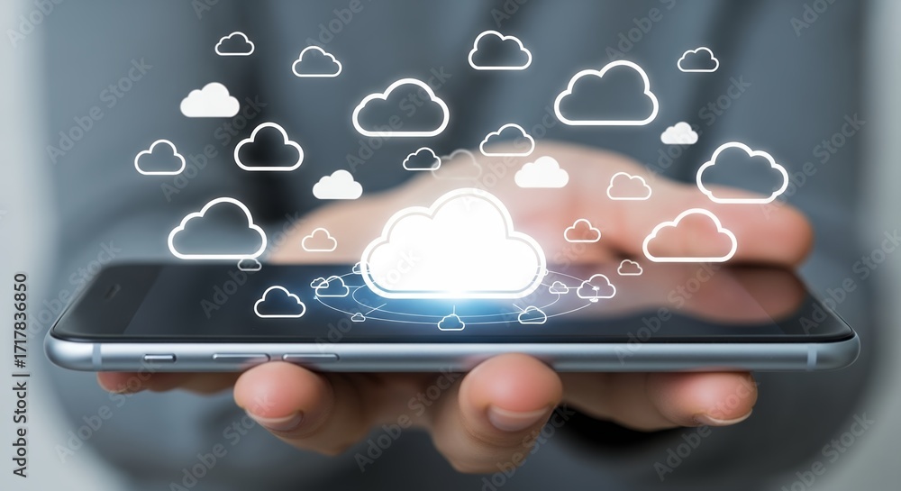 Poster close-up shot of a hand holding a smartphone displaying cloud icons on the screen, surrounded by a n