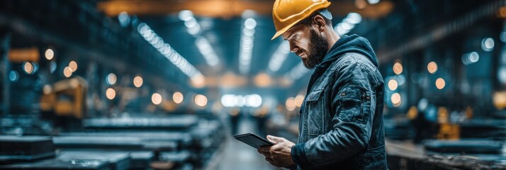 Worker using tablet in large industrial workshop during daytime for team coordination and project management