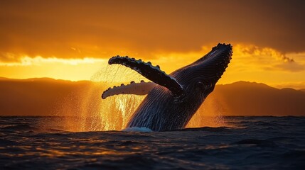Fototapeta premium A breathtaking scene of a humpback whale breaching the ocean's surface at sunset, with the whale dramatically emerging against the backdrop of a vivid, golden-hued sky.