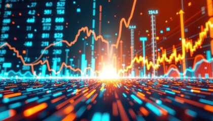 Fintech concept that presents financial charts and symbolic data for market analysis, investment strategies and digital economic growth.