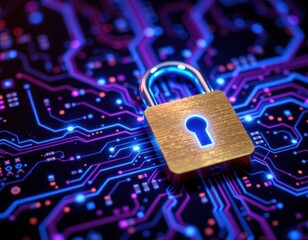 Cybersecurity concept with golden padlock and glowing circuit board symbolizing encrypted data protection, digital trust, and advanced technology systems.