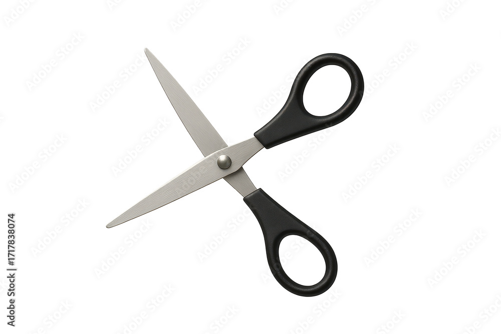 Poster open scissors with black handles isolated on transparent background, cut-out