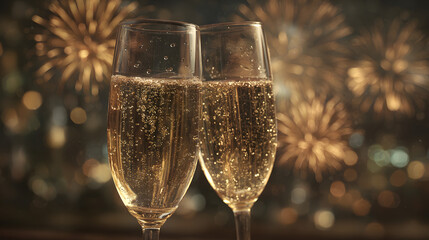 Two glasses of champagne with a stunning fireworks in the background