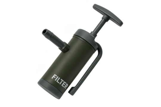 Portable water filter isolated on a transparent background, olive green color
