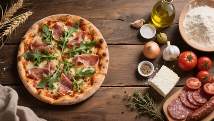 Pizza with ingredients on the table 