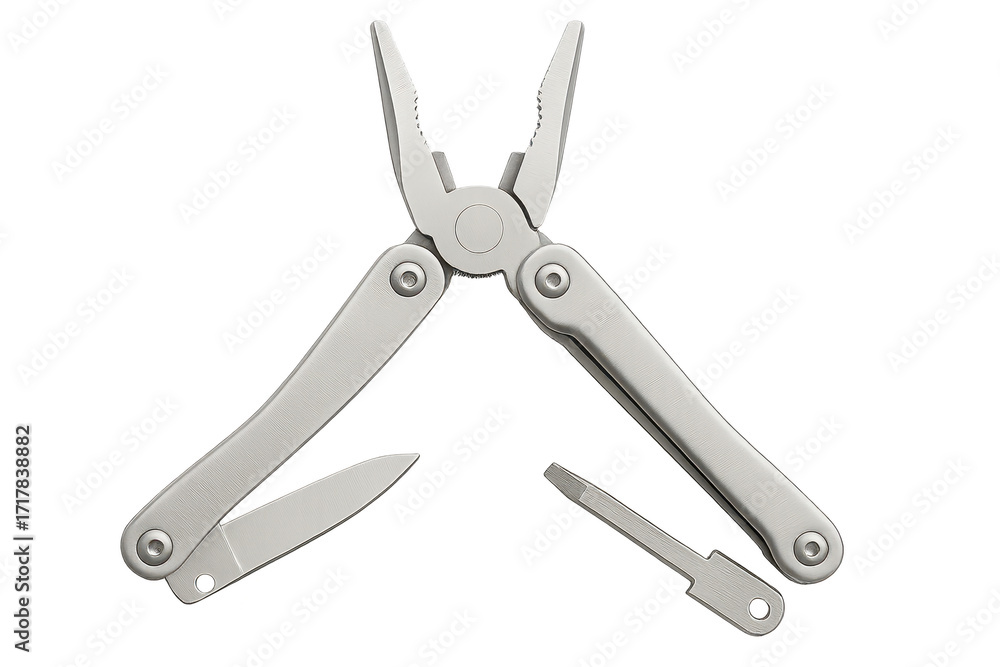 Poster silver multi tool isolated on a transparent background, open and ready to use
