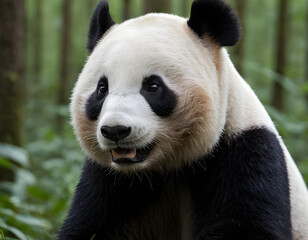 Obraz premium Giant Panda Sitting in Forest. Cute Panda in Natural Habitat. Wild Panda Resting on Mossy Ground. Endangered Panda in Bamboo Forest. Adorable Panda Sitting Peacefully in Woods