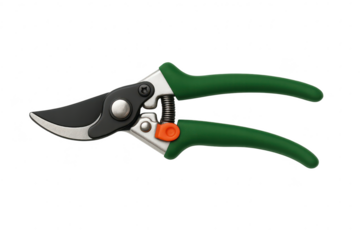 Green pruning shears isolated on transparent background, gardening tool sharp
