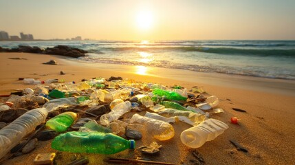 Plastic Waste on Beach at Sunset