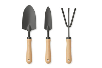 Fototapeta premium Three small gardening tools isolated on a transparent background, realistic design.