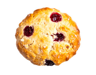 Rustic cherry scone top view with glossy jam pockets and coarse sugar on golden crust, homemade bakery treat on isolated background