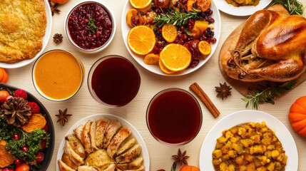  vibrant Thanksgiving feast featuring roasted turkey, seasonal fruits, savory sides, and festive drinks, set against autumn decorations.