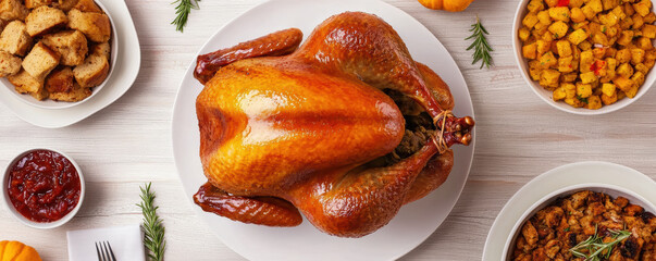 beautifully roasted turkey sits at the center of a festive table, surrounded by stuffing, cranberry sauce, and seasonal garnishes, perfect for a holiday feast.