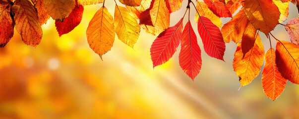 Vivid autumn leaves in vibrant hues of red, orange, and yellow dangle against a soft, golden background, capturing the essence of fall.