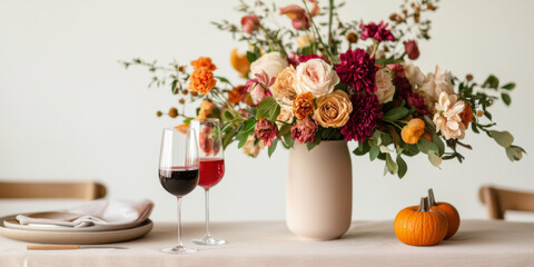  beautifully arranged floral centerpiece with seasonal flowers, two glasses of wine, and a small pumpkin on a dining table, creating an inviting autumn ambiance.