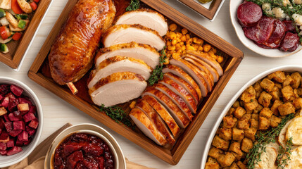 beautifully arranged platter of sliced turkey, stuffing, and various side dishes, perfect for a festive meal or gathering.
