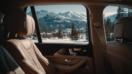 Fototapeta premium Interior Car View with Leather Seats and Mountain View