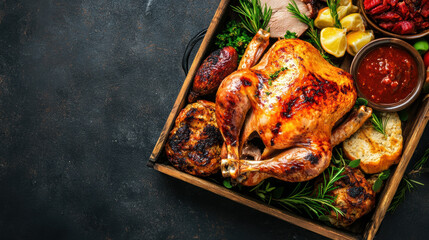  beautifully arranged platter featuring a roasted chicken with sides of herbs, lemon, and various accompaniments.