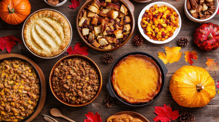  vibrant display of autumn-themed dishes, featuring pumpkin, pies, and various sides, evoking a festive and cozy atmosphere.