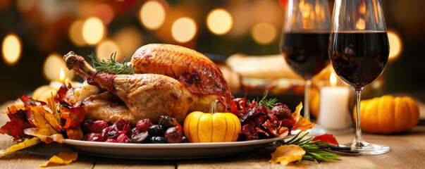 festive table setting featuring a roasted turkey, seasonal decorations, and glasses of red wine, perfect for holiday celebrations.