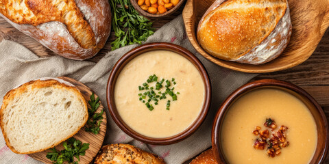  rustic display of freshly baked bread and creamy soups in wooden bowls, evoking warmth and comfort.