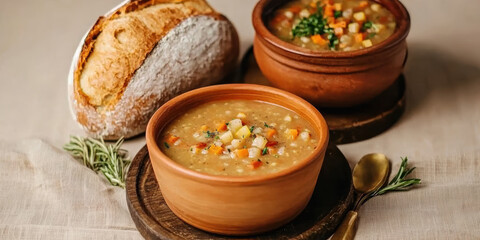  cozy scene featuring two bowls of hearty soup, garnished with vegetables, alongside a rustic loaf of bread on a wooden surface.