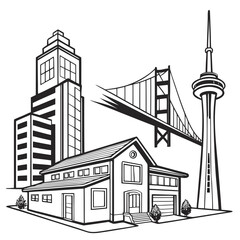 Illustration of a house with a skyscraper bridge and tower in black and white outline style art drawing created with generated ai