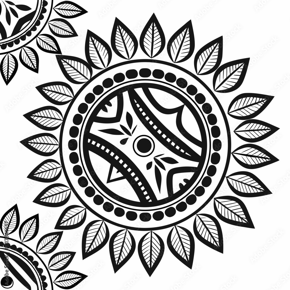 Poster illustration of black and white floral mandala design with intricate leaf and circle patterns artful