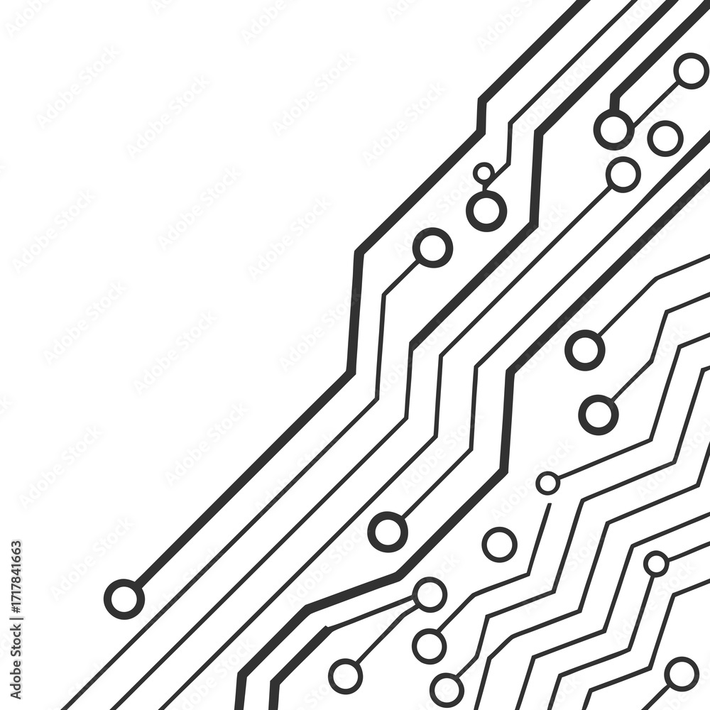 Poster circuit board illustration with black lines and circular components on a white background design lay