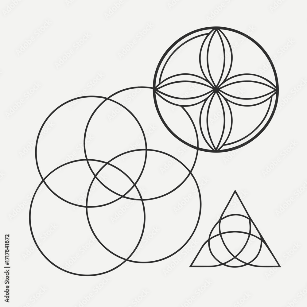 Poster geometric design featuring overlapping circles flower pattern and triangle shape arrangement in blac
