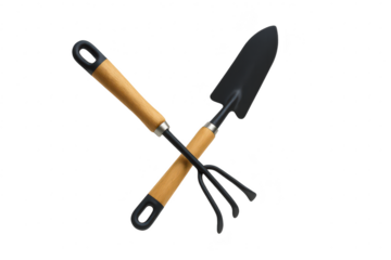 Garden tools crossed, isolated on transparent background, hand trowel and rake