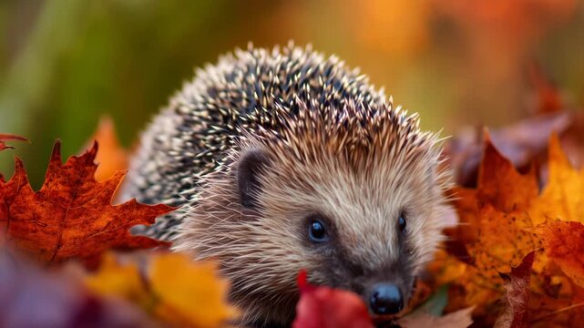 Hedgehog exploring vibrant autumn leaves in a serene natural setting with rich textures