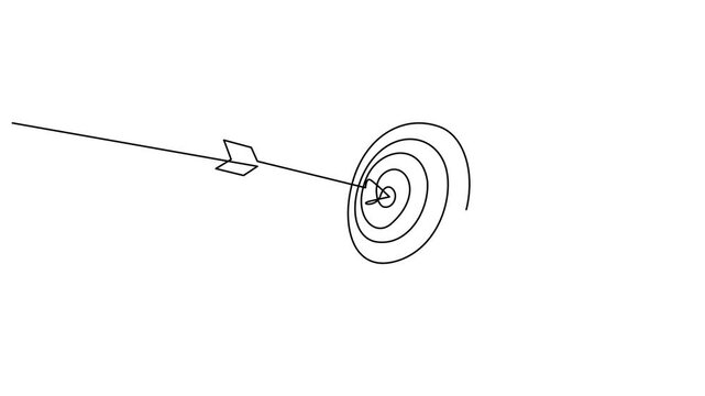 Self drawing animation of single line draw archery target arrows hitting mark and one arrow on ground. Full length animated