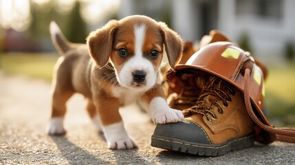 Puppy with Firefighter Boot and Helmet