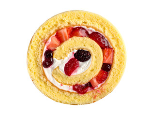 Berry Swiss roll cake slice top view showing spiral sponge with whipped cream and mixed berry pieces, bright bakery dessert on isolated background