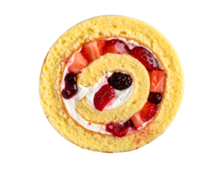 Berry Swiss roll cake slice top view showing spiral sponge with whipped cream and mixed berry pieces, bright bakery dessert on isolated background