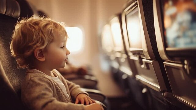 A toddler sits in an airplane seat, gazing at the seat-back in-flight entertainment screens in a warmly lit cabin.