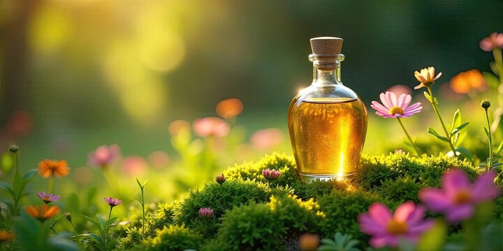 Golden elixir in a glass bottle rests on vibrant moss amidst a field of wildflowers bathed in the warm glow of sunrise