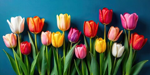 Obraz premium Vibrant Spring Bouquet of Colorful Tulips Arranged on a Dark Blue Background